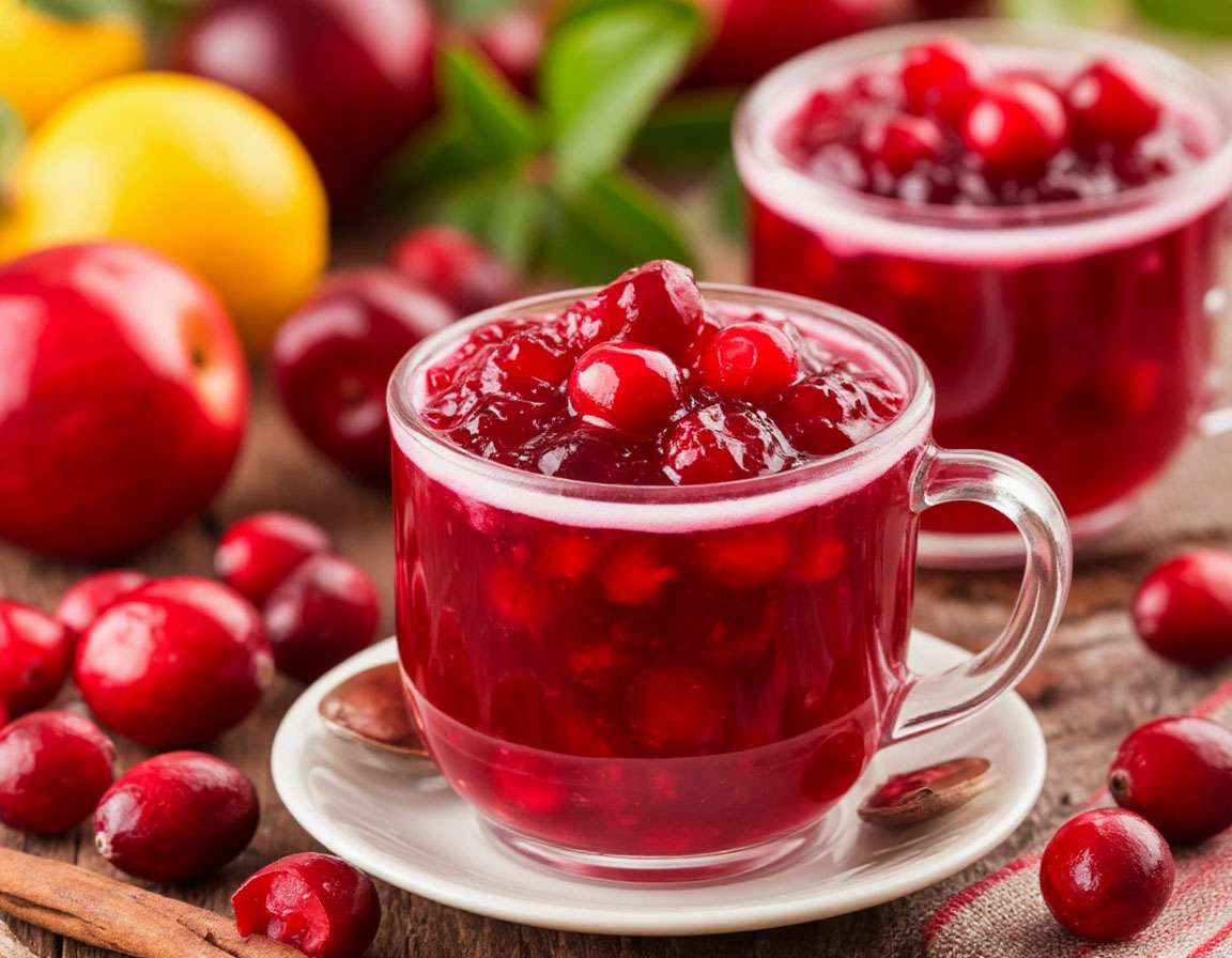 Домашний клюквенный кисель с фруктами в кружке