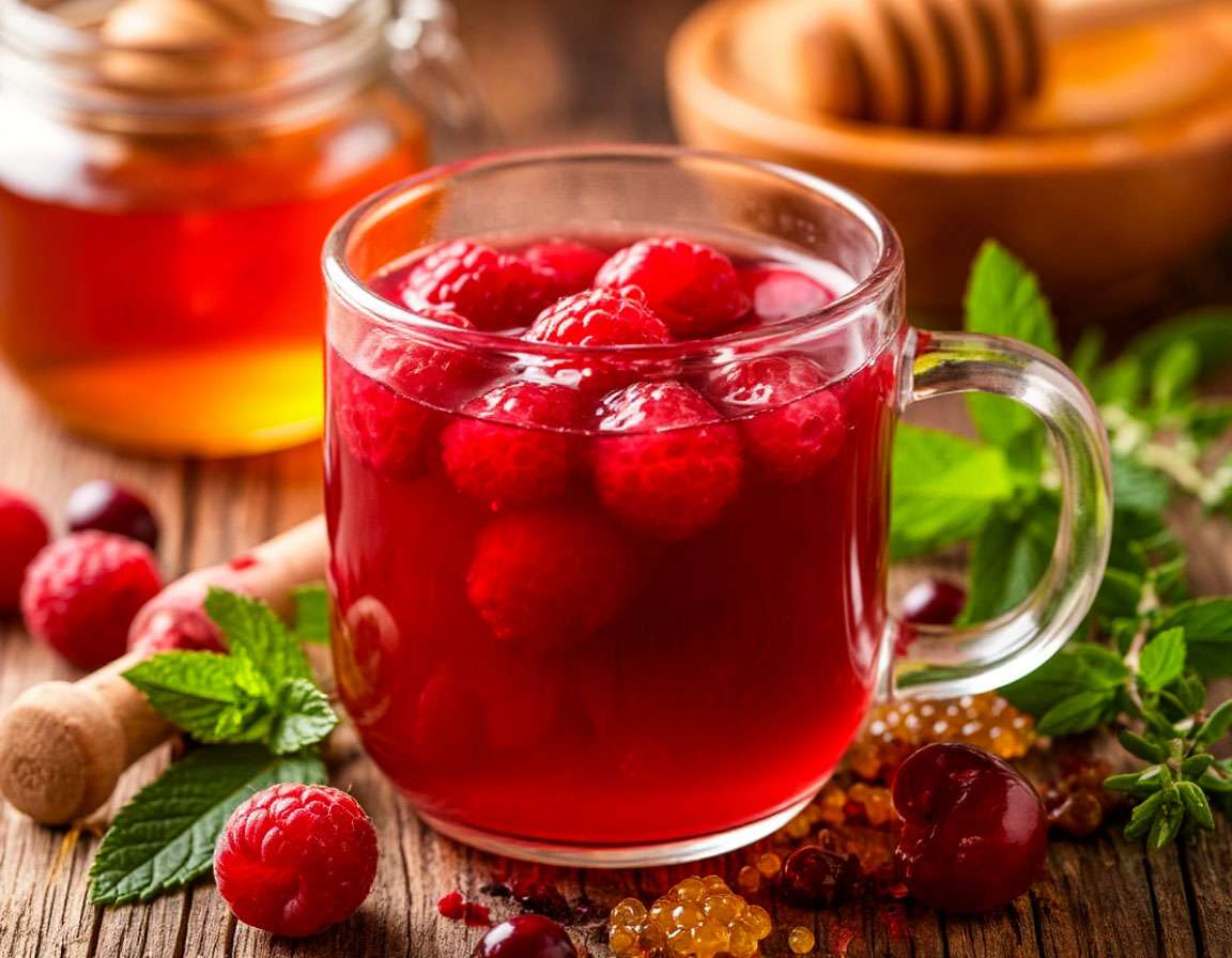 Тёплый ягодный морс в кружке с мёдом и травами