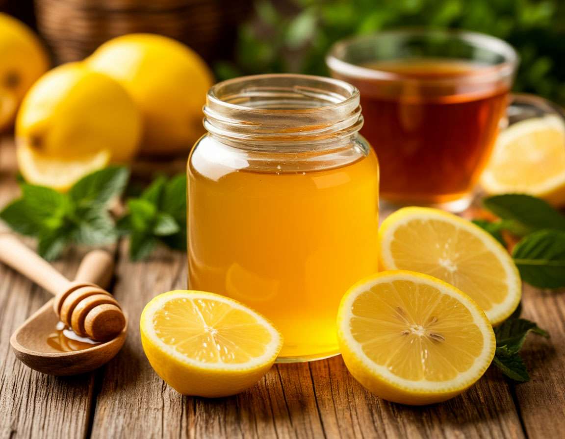 Стеклянная баночка с мёдом и лимоном на деревянном столе, ложка с мёдом, лимонные дольки, уютный фон с травами и чашкой чая