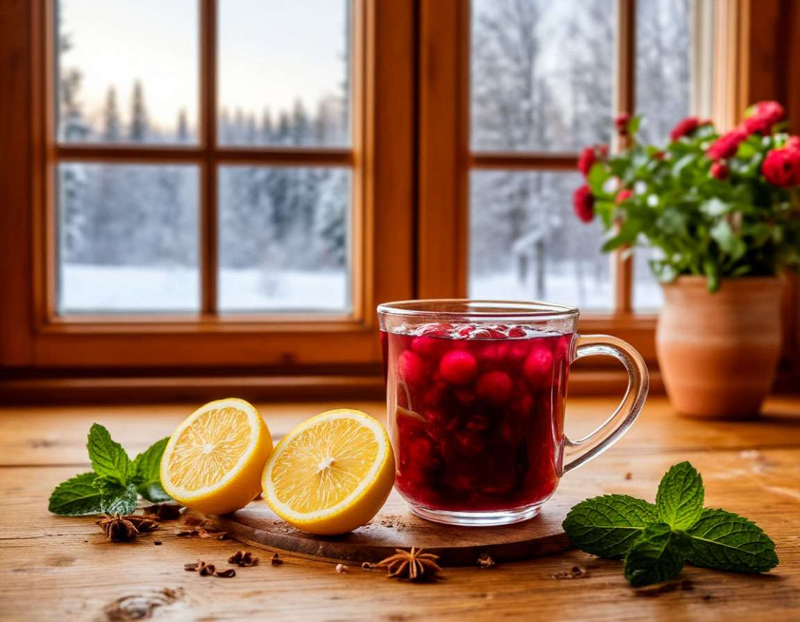 Уютная кухня, чашка с тёплым напитком из черешневого варенья, долька лимона, веточка мяты, деревянный стол, зимний пейзаж за окном