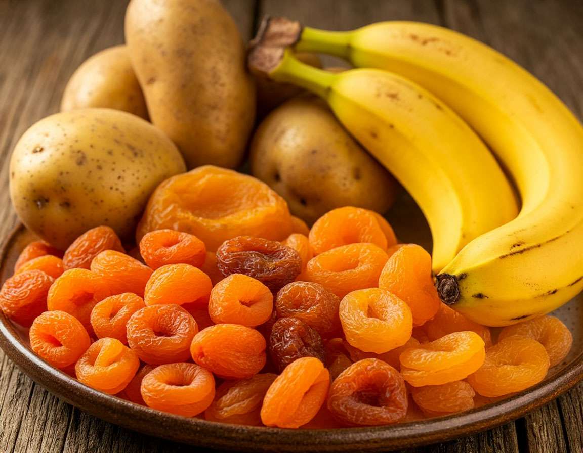 Продукты, богатые калием: бананы, курага, картофель