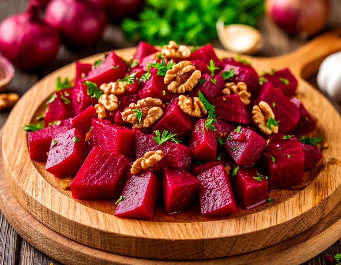 Яркий салат из сырой свеклы с грецкими орехами, чесноком и зеленью на деревянной доске
