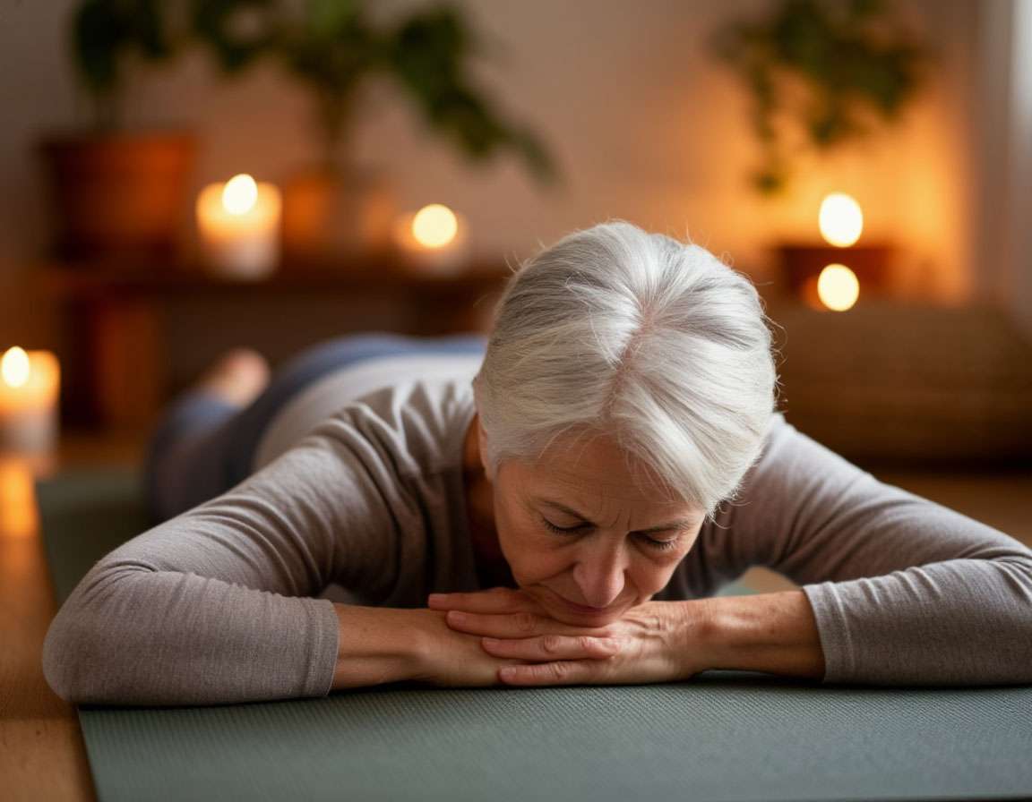 Женщина 50+ лет в удобной одежде выполняет позу ребенка (Баласану) в домашней обстановке, мягкий свет, расслабленная атмосфера, на заднем плане — коврик для йоги и горящая ароматическая свеча
