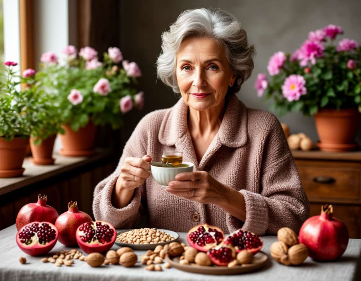 Женщина 50+ в уютном домашнем халате держит чашку травяного чая, на столе — гранат, орехи, соевые продукты.